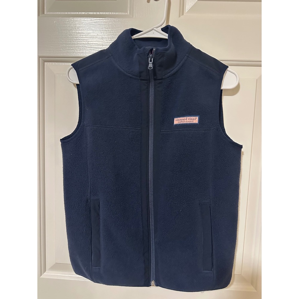 Vineyard Vines Fleece Vest Boys L 16 Navy Blue Full Zip Mock Neck Logo Trim